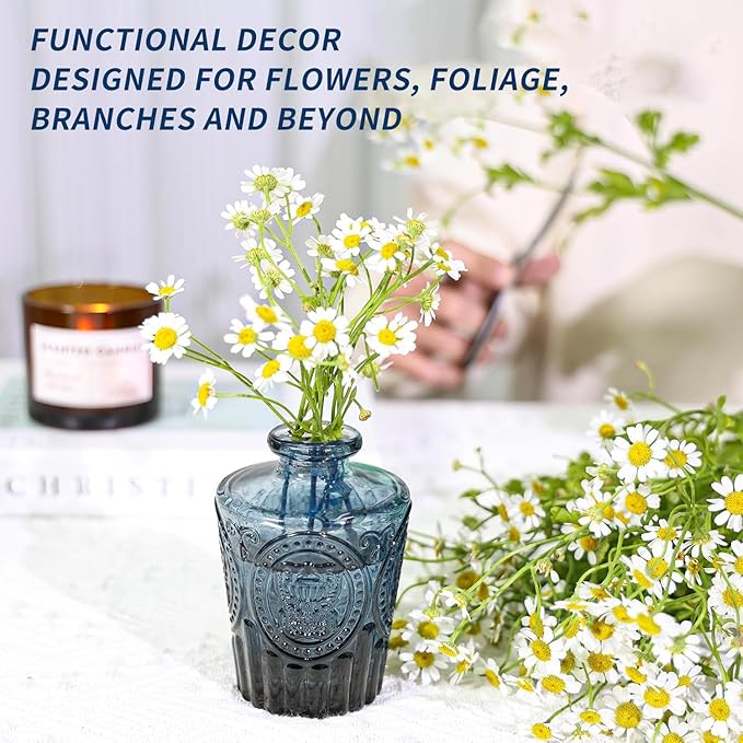 KUAGUINZUHE 12 Pcs Glass Bud Vase Set, Small Blue Vintage Flower Vases for Wedding Centerpieces in Bulk, Mini Embossed Vases for Home Table Decor, Party, Baby Shower Decorations
