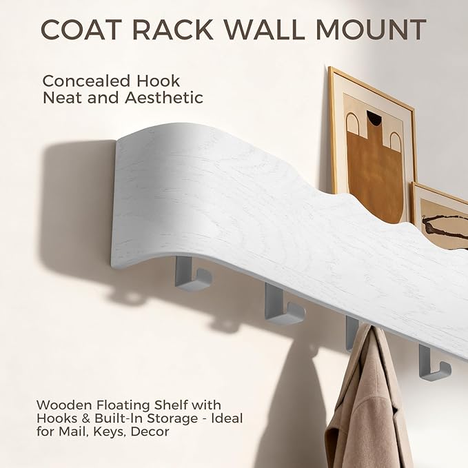 Wall Coat Rack Floating Shelves Modern Coat Rack Wall Mount with Storage Entryway Shelf Wooden Hanger 20 Inch 4 Hidden Metal Hooks for Living Room Bedroom (Wavy White, 4 Hooks)