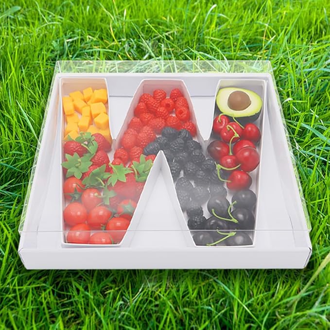 WENPACK 12.5" Cardboard Letter Shaped Charcuterie Mache Strawberries Fillable Sweet Box with Clear Lid (White, W)