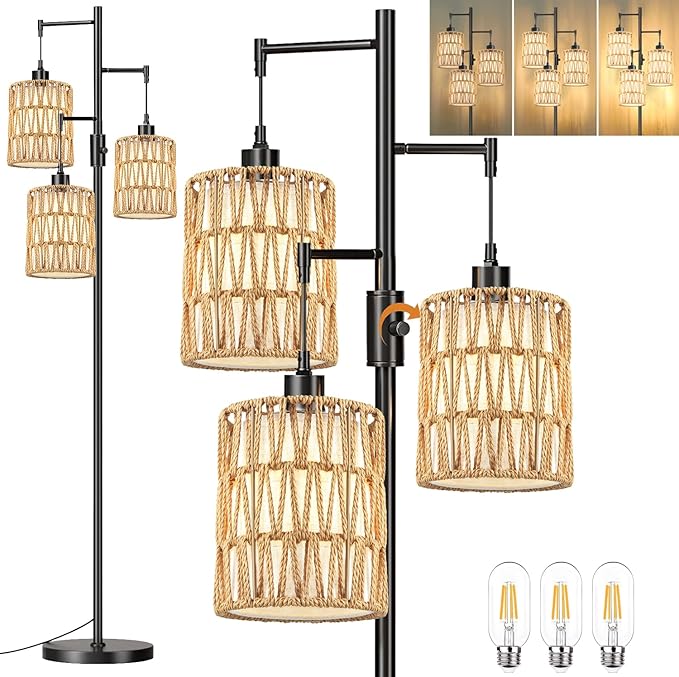 ZECOXOL Boho Floor Lamp for Living Room Bedroom-3 Light Dimmable Floor Lamp with Three Led Bulb, Rustic Tall Lamp Black Standing Lamp Tree Floor Lamps for Living Room Bedroom,Office,Corner