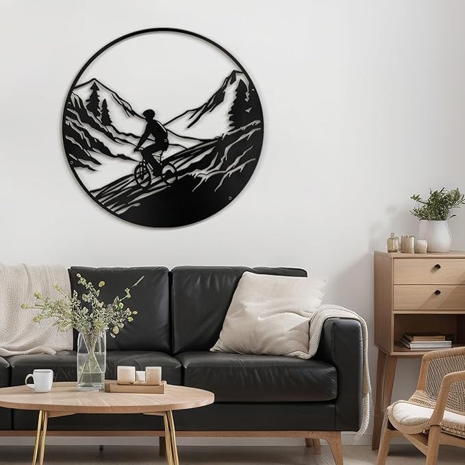 SIGNLEADER Metal Wall Art Decor Mountains, Pine Trees, Cyclists Modern Abstract Wall Sculpture Hangings Home Decoration for Living Room, Bedroom, Bathroom, Kitchen, Outdoor - 18" Black