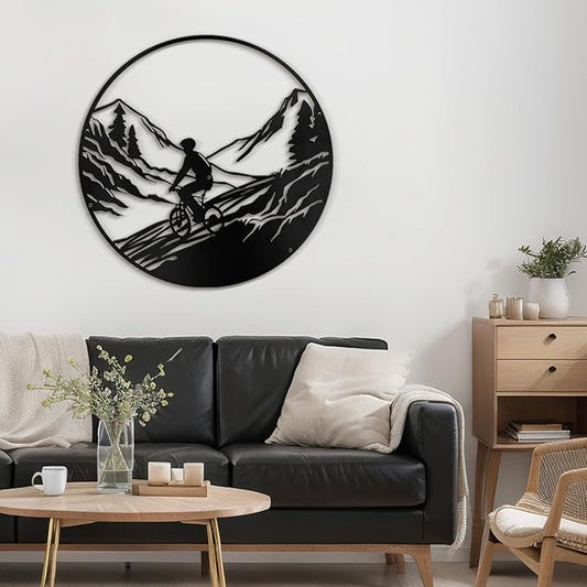 SIGNLEADER Metal Wall Art Decor Mountains, Pine Trees, Cyclists Modern Abstract Wall Sculpture Hangings Home Decoration for Living Room, Bedroom, Bathroom, Kitchen, Outdoor - 18" Black