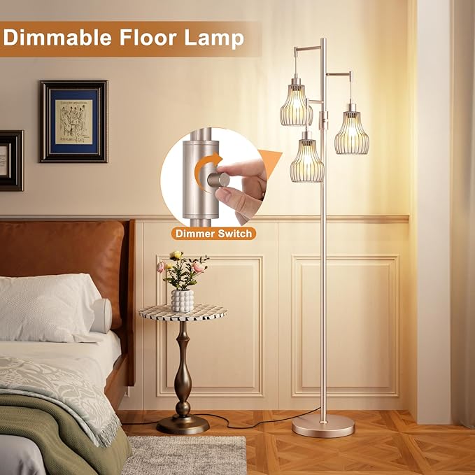 Ziisee Dimmable Floor Lamps for Living Room, Industrial Tree Standing Tall Lamps with 3 Elegant Cage Shade & 650 Lumens LED Bulbs for Bedroom Office - Light Gold