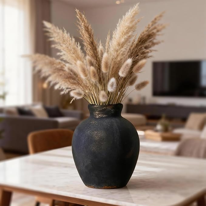 Ceramic Vase, 6 inch Minimalist Rustic Farmhouse Terracotta Vase for Home Decor, Table, Living Room, Entryway, Shelf, Mantel Decoration (Black)
