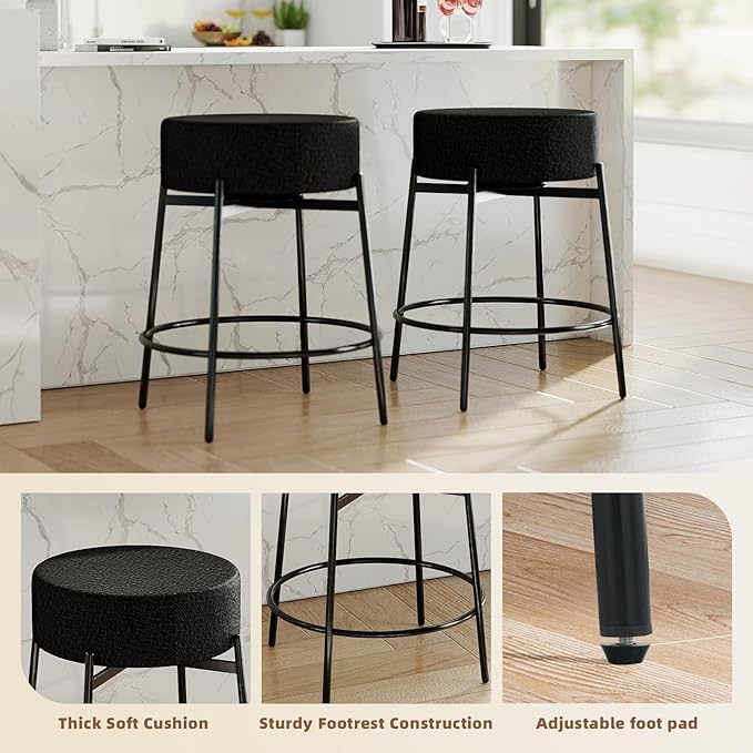 SoarFlash Modern Rotatable Bar Stools Set of 2, 24" Sherpa Swivel Counter Height Stools with Round Soft Padded Boucle Backless Seat, Black