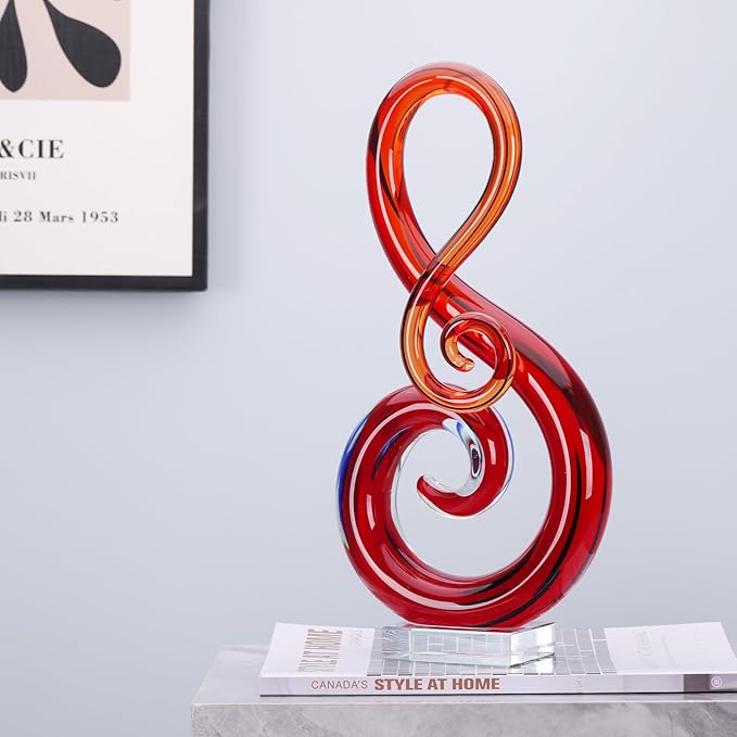 LCCCK 13" H Large Glass Sculpture Red Hand Blown Glass Figurines Art Music Decor, Modern Red Glasses Decor Crystals Statue Knick Knacks- for Luxury Home Living Room Office Console Table Decoration