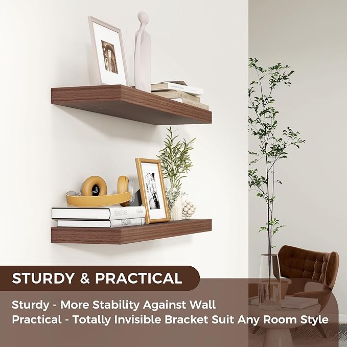 Floating Shelves for Wall 24"W x 6.7"D x 1.37"H, Engineered Wood Wall Shelves with Invisible Brackets for Living Room Bedroom Bathroom Office Kitchen Decor and Storage, Walnut Finish, Set of 2
