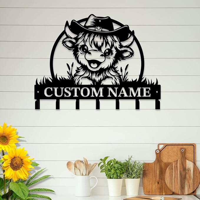magilab Personalized Custom Highland Cow Wall Hooks,Metal Highland Cow Art Clothes Hooks,Metal Highland Cow Wall Home Storage Decorative,for Front Door, Hallway, Kitchen, Bedroom,Keys,Hats (Style B)