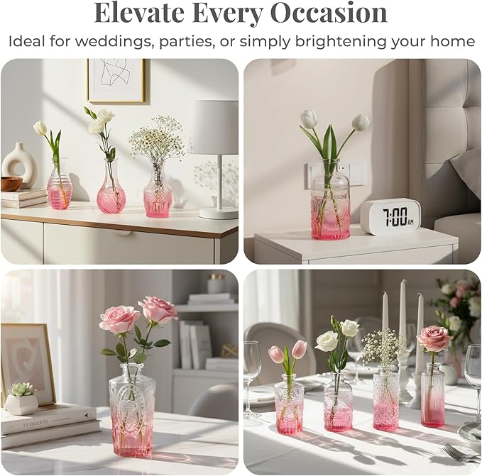 BEAHOT 24 Pack Pink Flower Vase in Bulk,Mini Vintage Glass Bud Vases for Centerpieces,Wedding Decor,Party & Home Decaration,Mother's Day (Pink-Gradient)