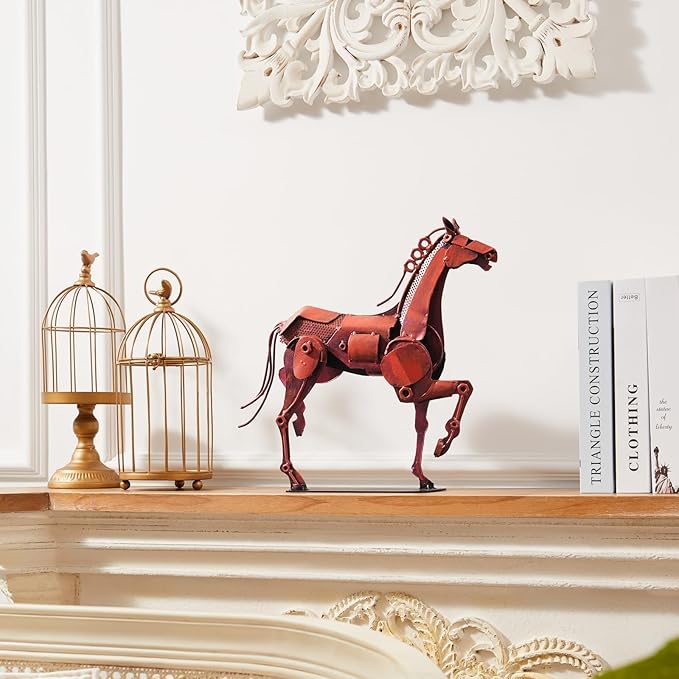 Metal Horse Statue - Rustic Handmade Western Decor - 100% Hand-Painted Horse Figurines Decor for Office Home - Vintage Brown