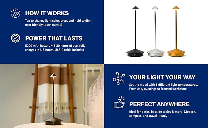 Modern Cordless LED Table Lamps Set of 2 – Rechargeable 5200 mAh Battery, Touch Dimming, 3 Color Modes, Compatible USB-C Charging | Stylish Portable Lamps for Bedroom, Living Room, Nightstand (Silver)