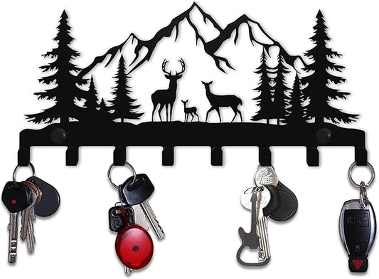 Keys Hooks for Wall, Metal Deers Hooks, 8 hooks, Christmas Decor Deer Wall Metal Decor, Mountain Forest Wall Mount Hanger Rack for Entryway Front Door Kitchen Hallway Garage Mudroom Office (Deer)