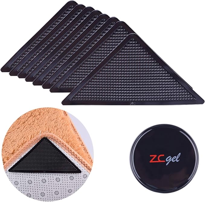 ZC GEL 8 Pcs Rug Tape Hardwood Floor No Damage, Reusable Washable Grippers for Rugs, Carpet Tape for Area Rugs, Non Slip Rug Pads Grippers (Black