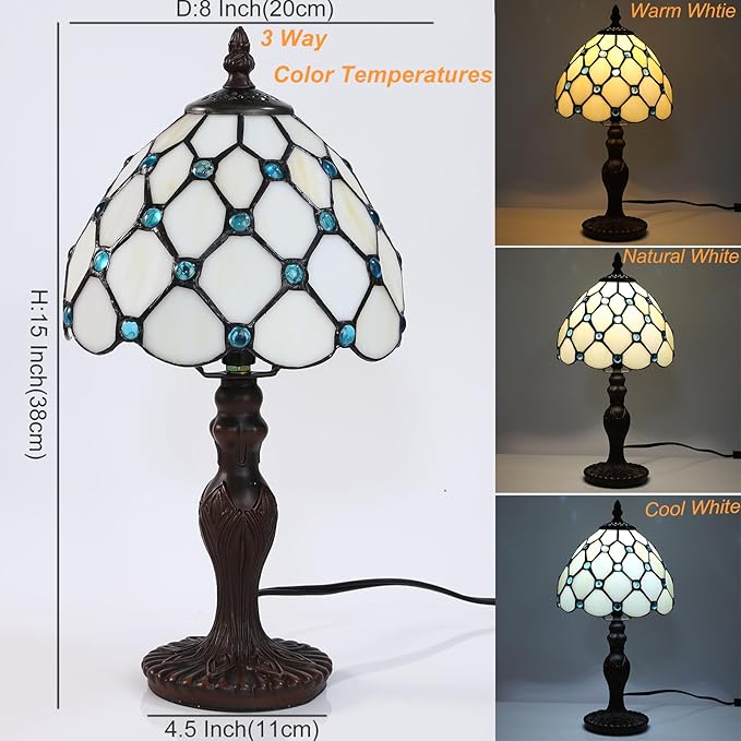 Tiffany Table Lamp for Bedroom Bedside Nightstand Living Room Table Lamps,3-Way Color Temperatures LED Stained Glass Side Small Table Lamps,8X8X14.5 Home Office Reading Desk Lights