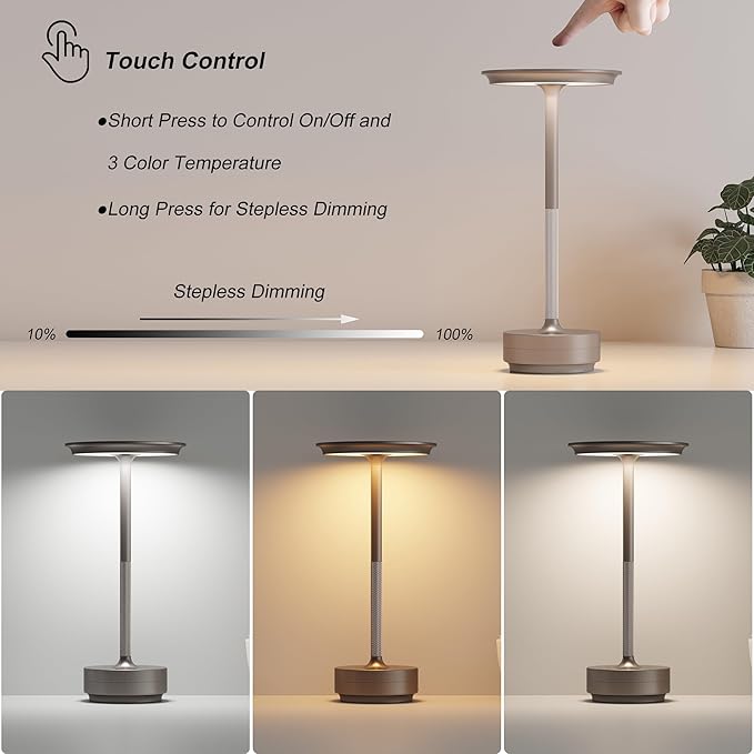 2 Pack Rechargeable Cordless Table Lamps, Portable 5000mAh Outdoor Table Light, 3 Color Stepless Dimming LED Table Lamp with Memory Function, for Home/Dinner/Patio/Restaurant.(Champagne Gold)