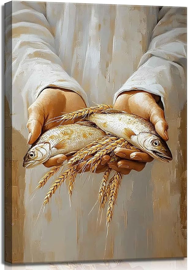 Frame Jesus Feeds the 5000 Canvas Wall Art Christian Five Loaves and Two Bible Scripture Wall Decor Pictures 5 Bread and 2 Fish Posters Prints for Dining Living Room Kitchen Wall Bedroom Decoration16X24in