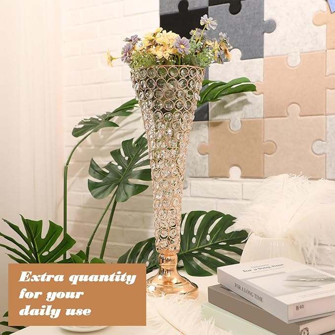 Rtteri 4 Pcs 20 Inch Tall Crystal Vase for Centerpieces Wedding Christmas Metal Crystal Trumpet Flower Vase Stand for Holiday Table Floor Wedding Banquet Celebration, Classic Elegance(Gold)