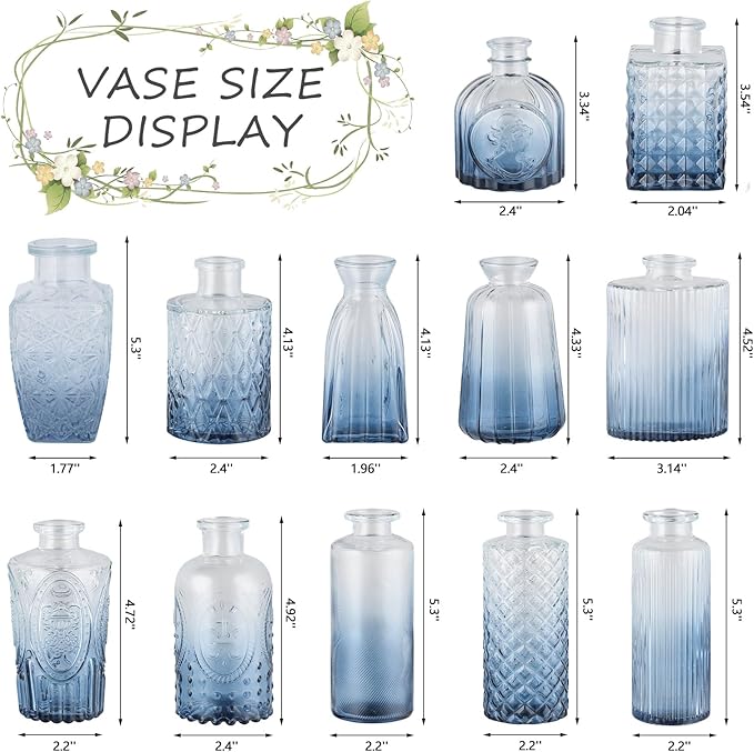 RUCKAE 12 Pack Glass Bud Vases Mini Flower Vase Small Vintage Vases for Centerpiece Table Wedding Decorations Home Decor Party (Gradient Blue)
