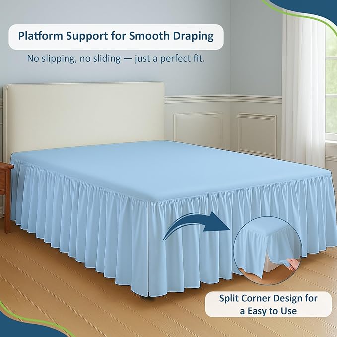 Rajlinen Ruffled Bed Skirt Full XL, 8 Inch Drop Dust Ruffle with Split Corners, 100% Microfiber Bedskirt with Platform, Three-Sided Coverage Ruffled Gathering Design, Light Blue