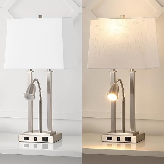 JONATHAN Y JYL1144C Blaire 23.75" 2-Light Modern Farmhouse Metal LED Table Lamp with USB Charging Port for Bedroom, Living Room, Office, Adjustable Reading Light and AC Outlet, Nickel
