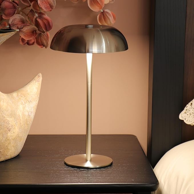 Portable Mushroom Table Lamp with 5200mAh Battery, Cordless LED Night Light with Stepless Dimming, 3 Color Modes & Adjustable Height for Bedroom, Patio, Bar Decor and Coffee Shop (Silver-Tall)