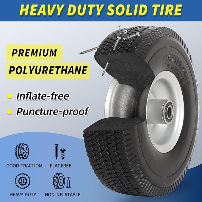 4.10/3.50-4" Flat Free Tire and Wheel, 10" Solid Tire with 5/8" Axle Bore Hole, 2.2" Offset Hub for Hand Truck Garden Wagon Cart Trolley Dolly Lawn Mover Replacement