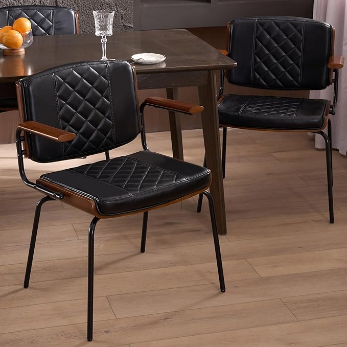 iMenting Upholstered Dining Chair with Arms Modern Kitchen & Dining Room Chair Set 2 Leather Dining Chair for Dining Table Leather Chair Set of 2 for Kitchen Living Room, Black with Black Leg
