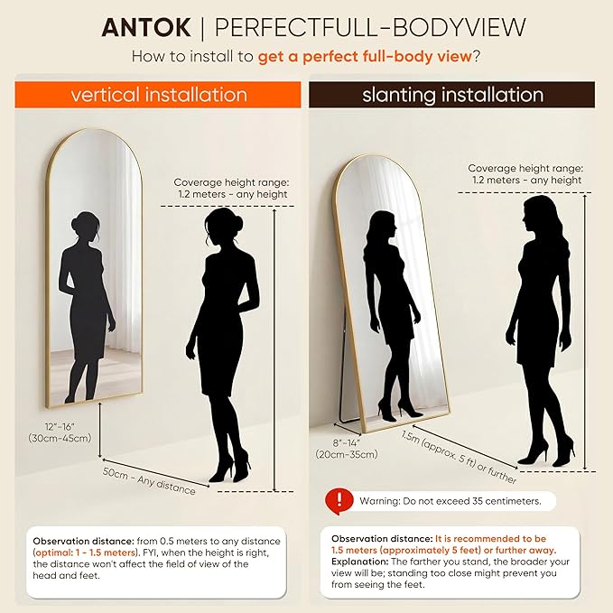 Antok Full Length Mirror, 64"x21" Floor Mirror, Arched Floor Standing Freestanding Arch Full Body Mirrors with Stand for Bedroom, Hanging Mounted for Living Room Cloakroom,Gold