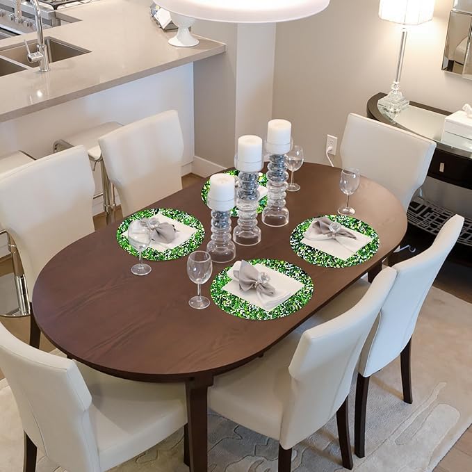 Round Placemats Set of 8 in Green Heat Resistant Circle Bling Washable Table Mats for Dinner, Kitchen, Wedding, Decorative