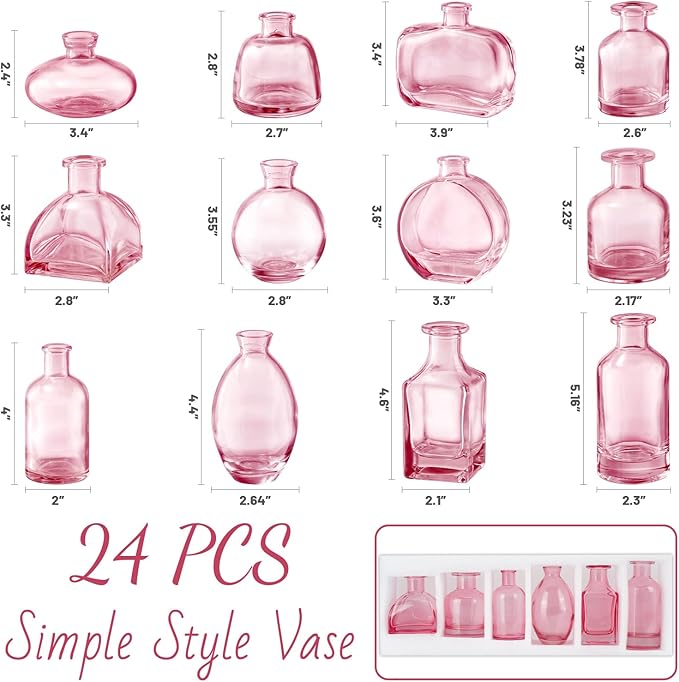 Pink Vase, Bud Vases Set of 24, Small Pink Glass Vases for Flowers Wedding Flower Vase in Bulk Modern Glass Bud Vase for Decor Home Centerpieces Table Flower Decor