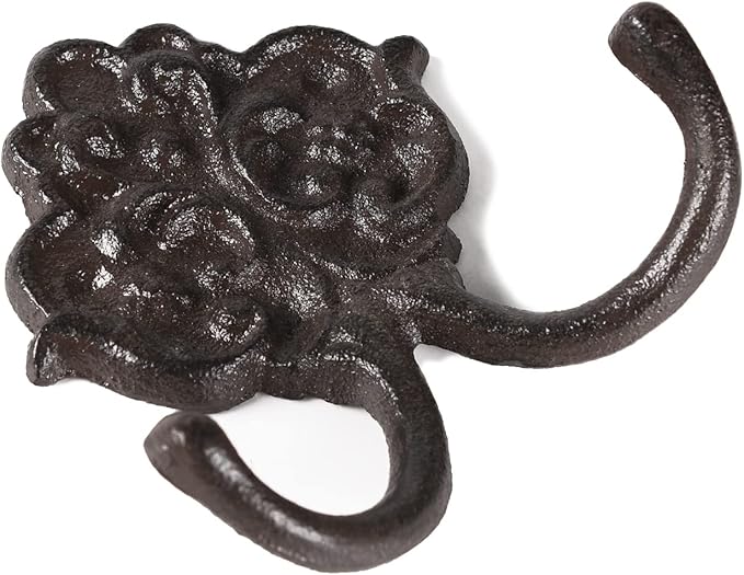 BRASSTAR Cast Iron Simple Floral Decoration Double Hook Hanging for Coats, Bags, Hats, Towels, Keys, Rustic Retro Home Art Decor TQGJPT442