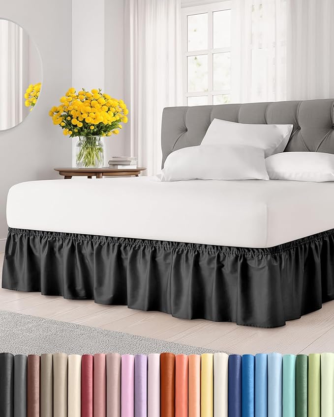 Wrap Around Dust Ruffle Bed Skirt - Black - Twin/Twin XL Size Beds with 15 Inch Drop - Easy Fit Elastic Strap - Adjustable Pleated Bedskirt w/Brushed Fabric - Wrinkle Free - Women, Men, Kids & Teens