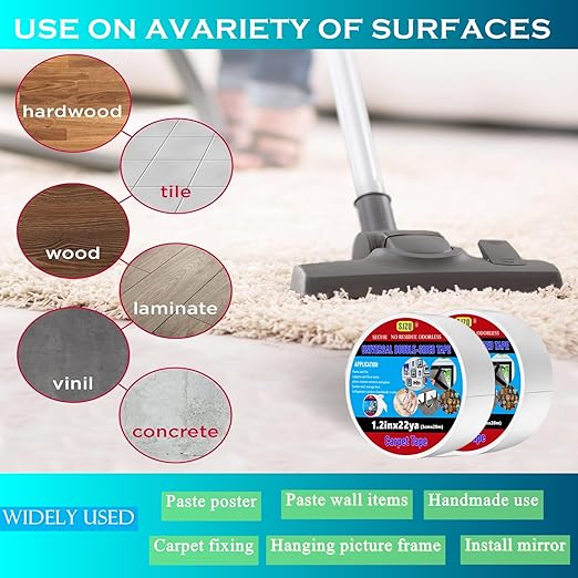 SJZQ Double Sided Carpet Tape 2 in x 22 yd Heavy Duty - Strong Adhesive for Area Rugs, Mats, Stairs on Hardwood, Tile, Concrete Floors No Residue Removable