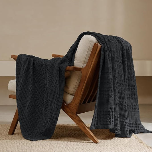 PHF 100% Cotton Waffle Weave Throw Blanket, Soft Lightweight Breathable Cozy Throws for Couch Bed Sofa, 300 GSM Luxury Aesthetic Blanket Gift for Home Decor & Office, 50"x60", Black