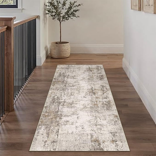 WondRg 2x6 Washable Runner Rug Brown Grey Abstract Hallway Kitchen Throw Rug Neutral Modern Non Slip Soft Low Pile Carpet for Bathroom Laundry Bedroom Living Room
