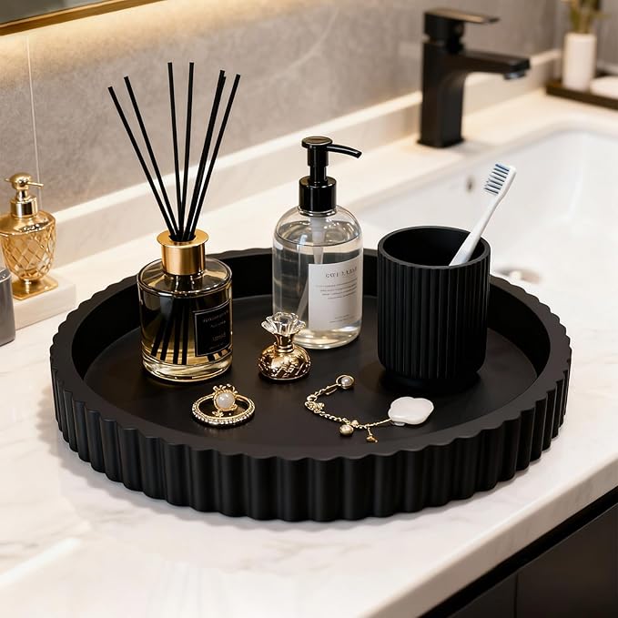 Decorative Tray for Coffee Table, 12'' Resin Modern Decorative Tray for Home Decor, Elegant Table Centerpiece Black Round Fluted Serving Vanity Tray for Bathroom Kitchen Living Room Decor