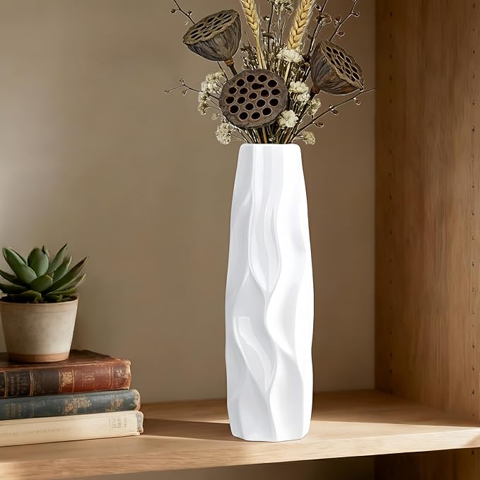 12 Inch White Vase Ceramic Flower Vase, Tall Vases for Pampas Grass, Home Decor, Modern Textured Vases for Living Room Decorations,Table Centerpieces,Shelf,Farmhouse Small Ceramic Vase