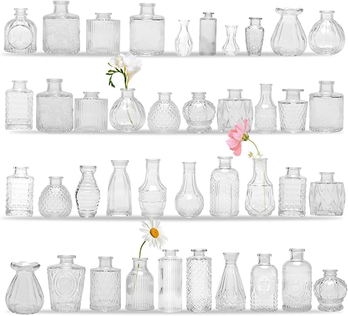 40PCS Clear Glass Bud Vases Set,Small Flower Arrangement Vase,Vintage Crystal Glass Design,Wedding,Party Decoration,Home Flower Arrangement (40)