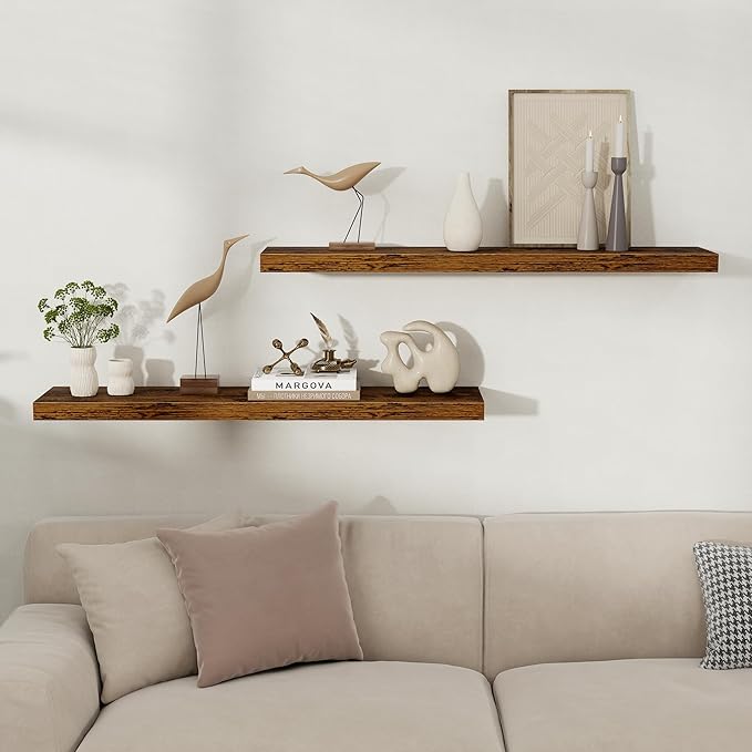 Fun Memories Floating Shelves for Wall, Rustic Wood Wall Mounted Shelves for Bathroom, Bedroom, Living Room and Kitchen, Storage & Home Decor (Set of 2, Brown, 40 in)