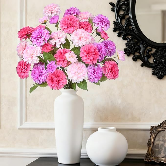 12Pcs Fake Artificial Pompon Mums Flowers Indoor with Long Stems Ball Chrysanthemum Faux Silk Flowers for Vase Floral Arrangement for Spring Home Decor Centerpieces for Table Kitchen Decoration