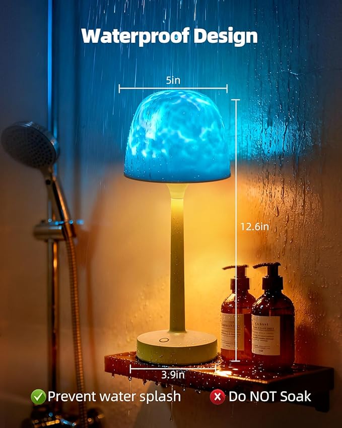 Shower Lamp, Waterproof Bathroom Light with 16-Color Ocean Wave Projector, Rechargeable & Cordless with Touch and Remote Control for Bathtub and Shower