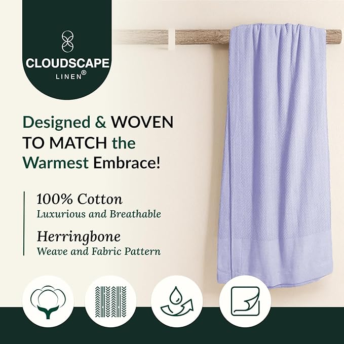 Cloud Scape Linen 100% Cotton Blanket Twin 68x92 Lavender Blue - Cozy Herringbone Weave, Fits Up to Twin XL Size Beds, Breathable Softness, All-Season Warmth, Winter Blanket, Bedding Gift Choice