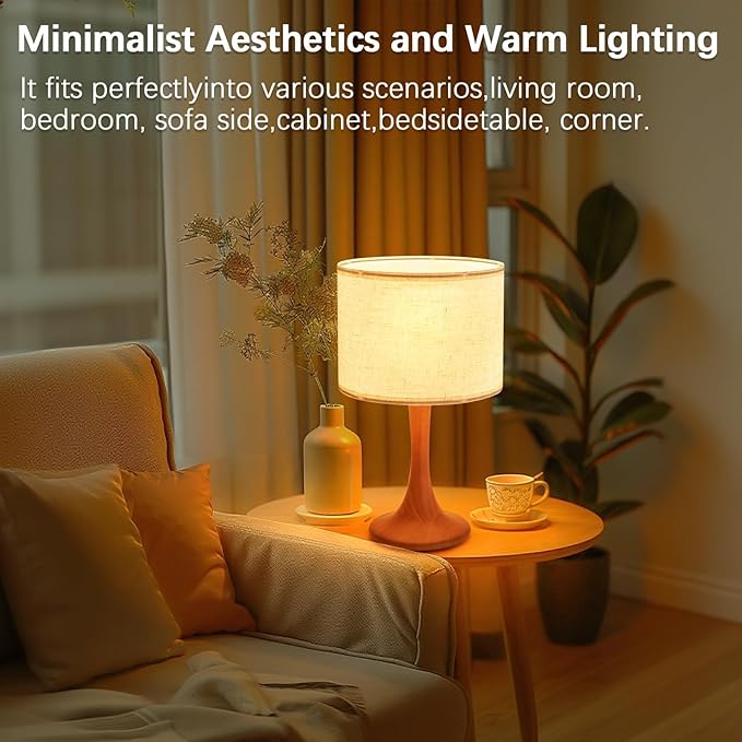 2 Pack Bedside Table Lamp for Bedroom, Nordic Plug in Fabric Shade & Solid Wood Base Desk Lamp, Plug & Play Red Wood Color Nightstand Lamp for Living Room, Office, Switch Power Cord【Bulb Not Included】