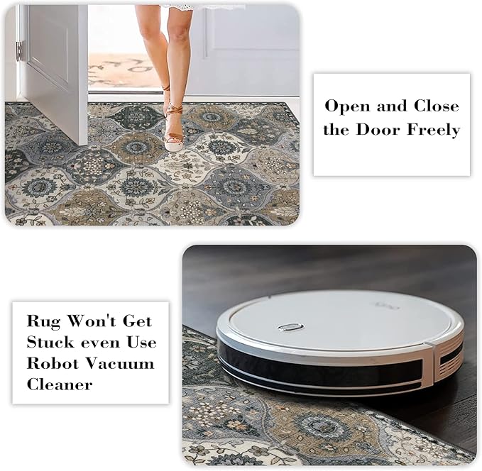 Lahome Moroccan Trellis Washable Round Area Rug, Soft Round Rugs 6ft Ultra-Thin Non-Slip, Vintage Large Circle Carpet for Bedroom Living Room Kitchen Nursery, Grey