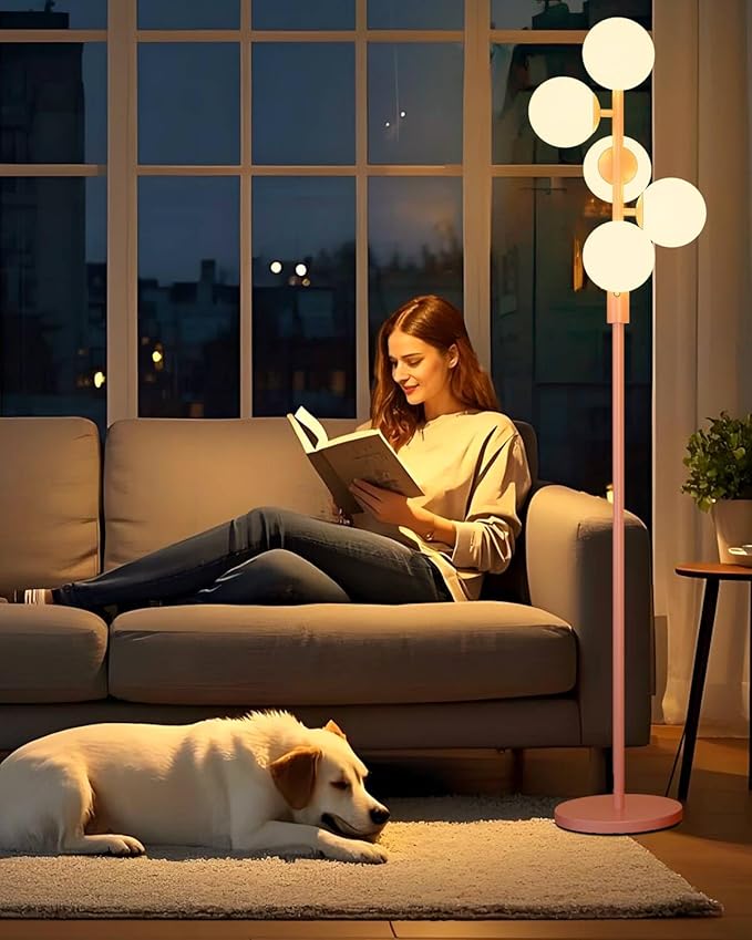 Lightdot Dimmable (Brightness Adjustable) Globe Floor Lamp, Retro Pink Pole Standing Lamps with 5PCS 3000K G9 Bulbs, Mid Century Modern Floor Lamp for Living Room Bedroom Home Office