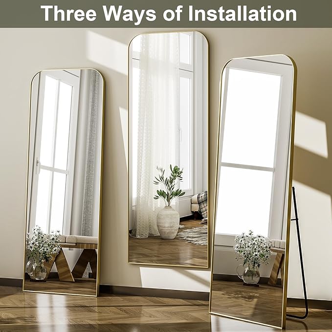 HARRITPURE 57"x20" Full Length Mirror, Gold Rounded Corner Aluminum Frame Standing Mirror, Hanging/Leaning Wall Floor Mirror with Stand for Living Room Bedroom Cloakroom