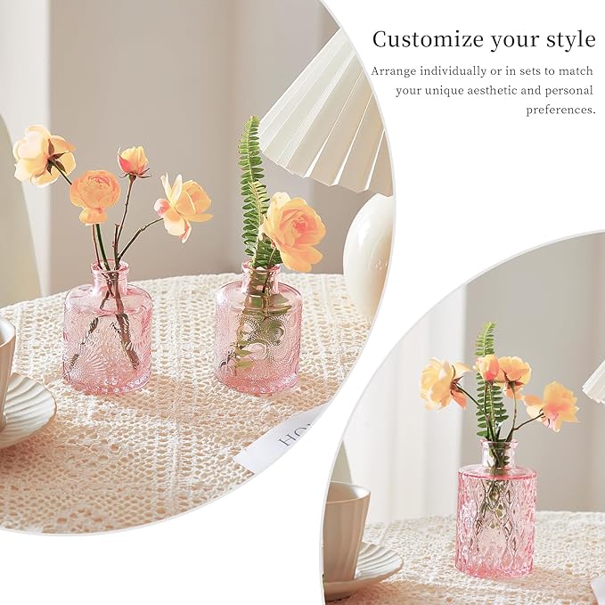 Glass Bud Vases Set of 16 - Pink Assorted Small Mini Glass Vases for Flowers, Crystal Vintage Vase Set, Bulk Centerpieces for Table Décor, Wedding, Home and Events (Pink, 16 Pcs)