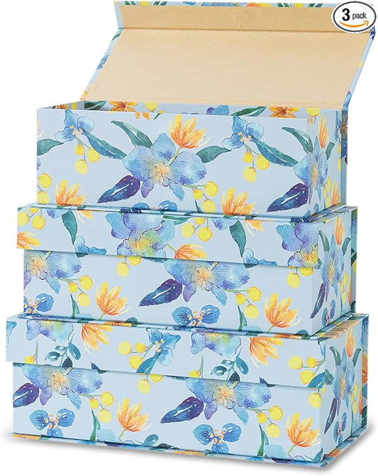 Soul & Lane Blue and Yellow Decorative Storage Boxes with Lids - Set of 3 - Sunlit Garden Delight: Floral Memory Keepsake Boxes with Magnetic Closure, Cardboard Storage for Photos, Organizing, Gifts