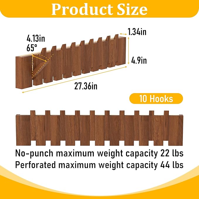 Wood Wall Mounted Coat Rack with 10 Flip Down Hooks, Heavy Duty Piano Style Wall Hook Rack, Decorative Coat Hooks Wall Mount for Entryway, Living Room, Bedroom, Bathroom, Kitchen