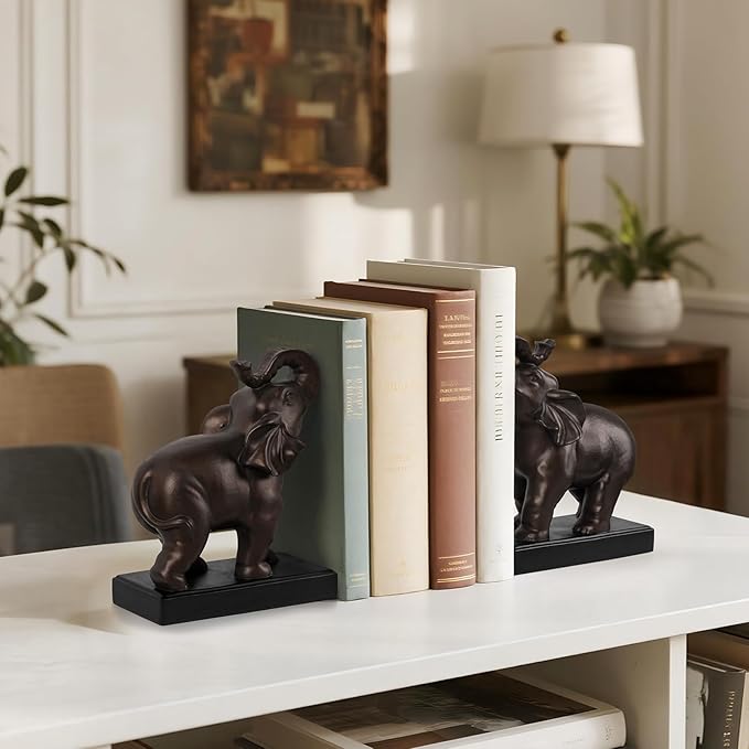 Elephant Decorative Bookends, Bookends for Shelves, Book Ends for Heavy Books with Anti-Slip Pad for Book Lovers Heavy Book Holder for Home Office Decor (Bronze)